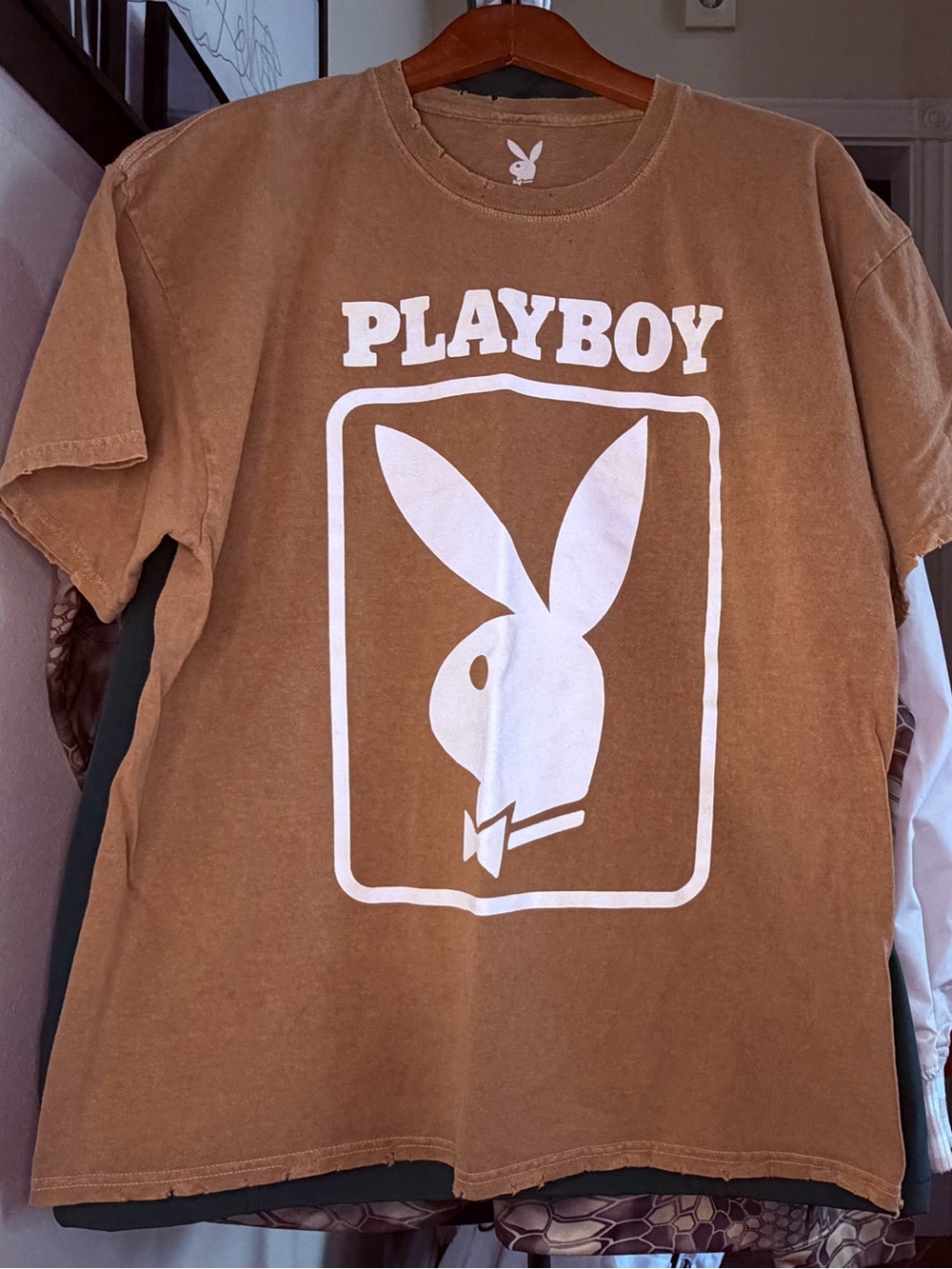 Vintage Style Playboy Graphic Tee Men’s XL Distressed Brown Streetwear Shirt